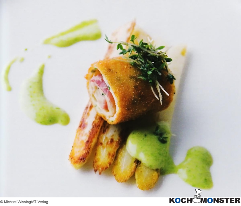 Käse-Schinken-Crepe auf weißem Spargel
Foto (c) Michael Wissing/AT-Verlag
(stark reduzierte Bildqualität) Käse-Schinken-Crepe auf weißem Spargel