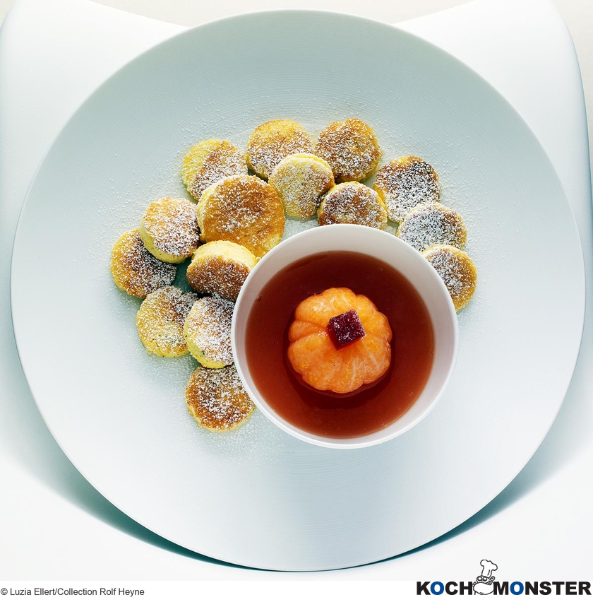 Süßer Kartoffelschmarrn mit Frischkäse und Mandarinenkompott 