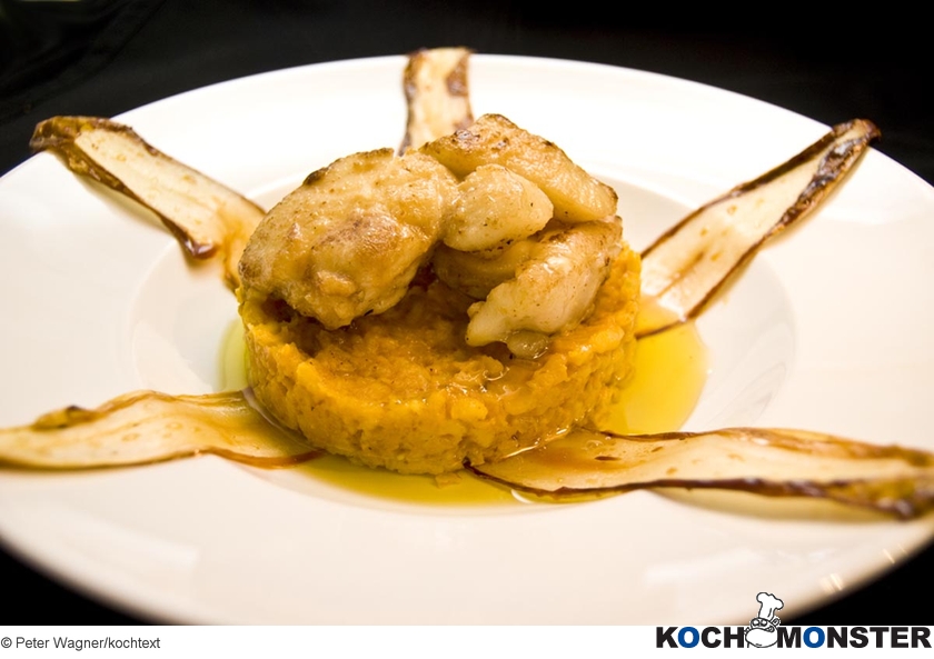 Seeteufelmedaillons mit gelbem Tomatenrisotto und karamellisiertem Chicorée
Foto (c) Peter Wagner/kochtext
(stark reduzierte Bildqualität) Seeteufelmedaillons mit gelbem Tomatenrisotto und karamellisiertem Chicorée