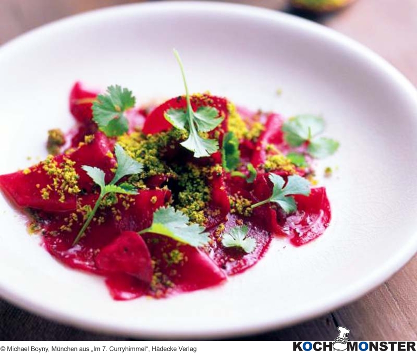 Carpaccio von Roter Bete mit Orangen-Ingwer-Curry
Foto (c) Michael Boyny, München aus „Im 7. Curryhimmel“, Hädecke Verlag
(stark reduzierte Bildqualität) Carpaccio von Roter Bete mit Orangen-Ingwer-Curry