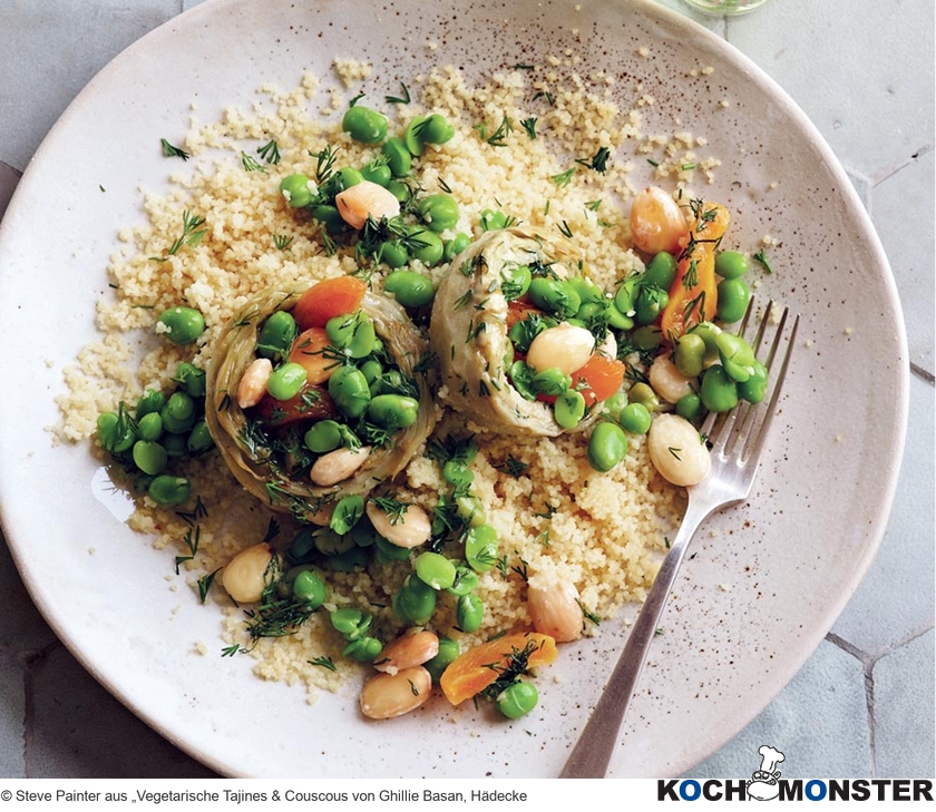 Artischocken-Tajine mit dicken Bohnen, Aprikosen und Mandeln
Foto (c) Steve Painter aus „Vegetarische Tajines & Couscous von Ghillie Basan, Hädecke
(stark reduzierte Bildqualität) Artischocken-Tajine mit dicken Bohnen, Aprikosen und Mandeln