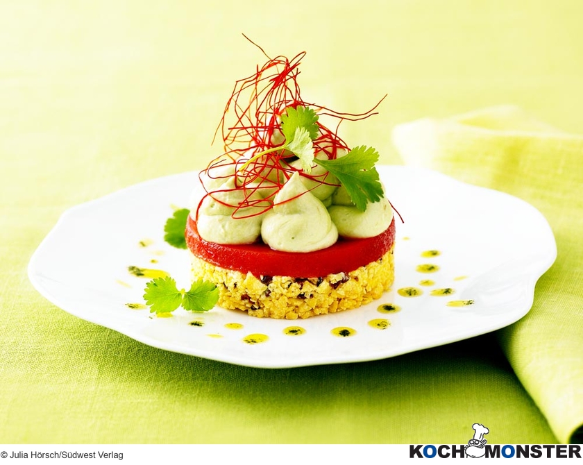 Avocadocreme auf Knusperboden mit Paprikagelee
Foto (c) Julia Hörsch/Südwest Verlag
(stark reduzierte Bildqualität) Avocadocreme auf Knusperboden mit Paprikagelee