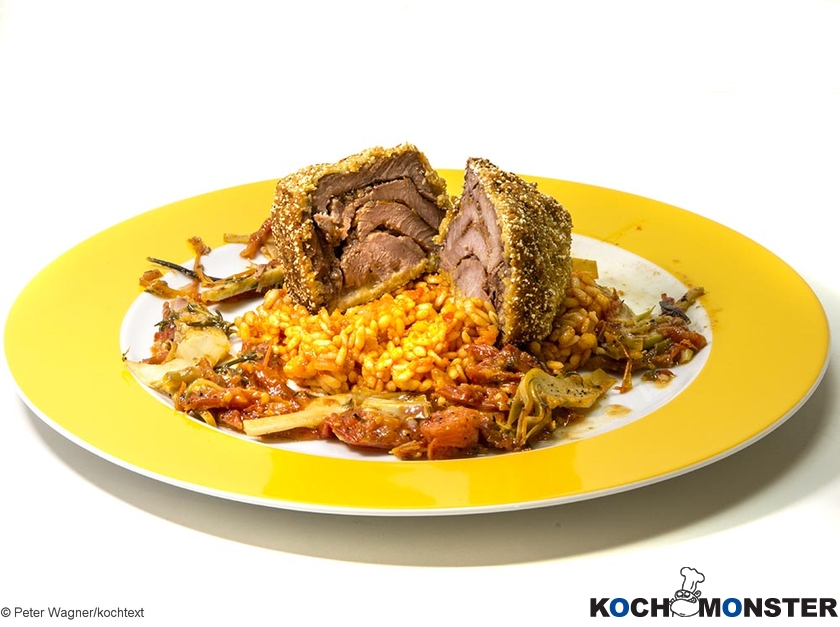 12-Stunden-Secreto mit Sobrasada-Risotto
Foto (c) Peter Wagner/kochtext
(stark reduzierte Bildqualität) 12-Stunden-Secreto mit Sobrasada-Risotto