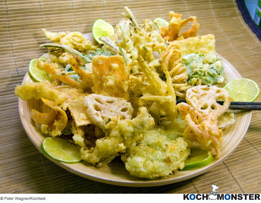 Gemischte Gemüse-Tempura mit vier Dips
Foto (c) Peter Wagner/Kochtext
(stark reduzierte Bildqualität) Gemischte Gemüse-Tempura mit vier Dips
