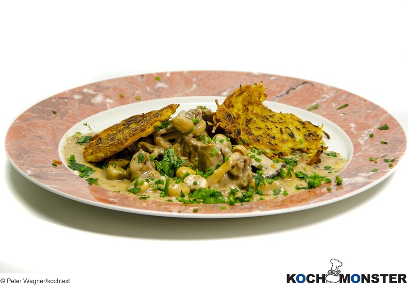 Zürcher Geschnetzeltes mit Rösti
Foto (c) Peter Wagner/kochtext
(stark reduzierte Bildqualität) Zürcher Geschnetzeltes mit Rösti