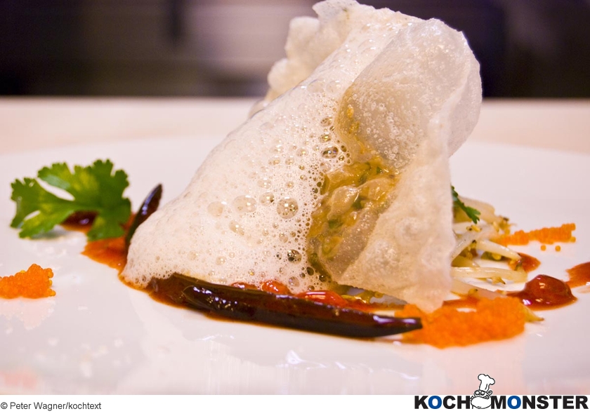 Thunfisch im Reisblatt mit Wolfsbeerensauce
Foto (c) Peter Wagner/kochtext
(stark reduzierte Bildqualität) Thunfisch im Reisblatt mit Wolfsbeerensauce