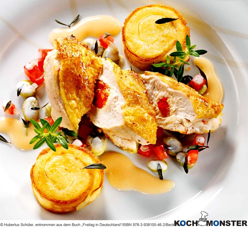 Huhn und Langostinos auf Dicken Bohnen