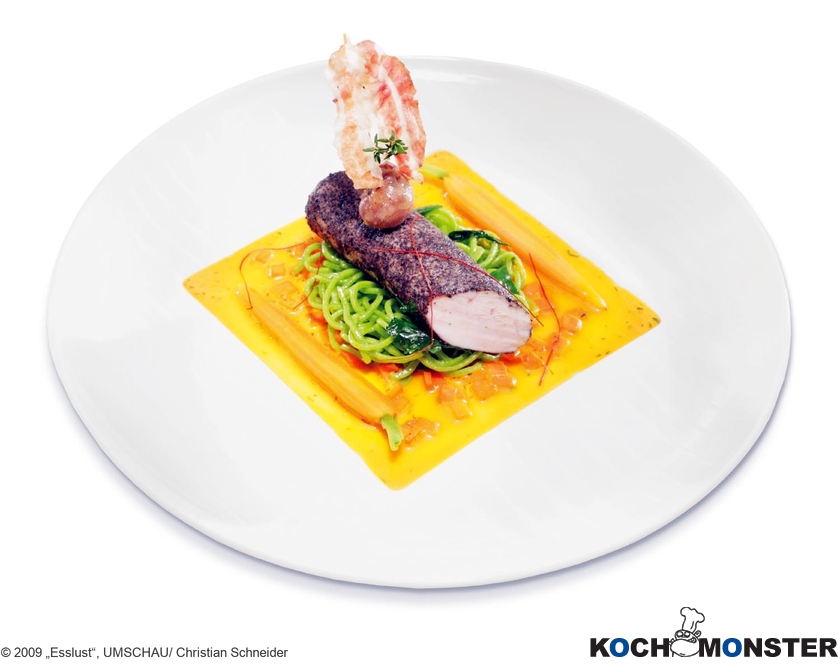 Kaninchenrücken im Mohn-Pfeffer- Mantel mit Petersiliennudeln und Karotten-Vanille-Sauce
Foto (c) 2009 „Esslust“, UMSCHAU/ Christian Schneider
(stark reduzierte Bildqualität) Kaninchenrücken im Mohn-Pfeffer- Mantel mit Petersiliennudeln und Karotten-Vanille-Sauce