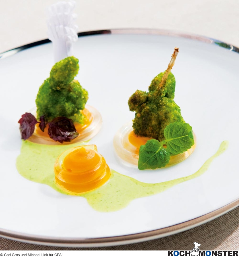 Gekräuterte Froschschenkel mit Süßkartoffelpüree, Wermutgelee und Shisokressesauce