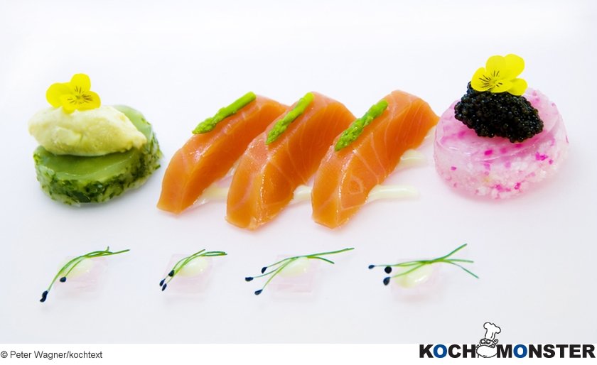 Balik-Lachs mit Kaviar, Kren-Eis und Rettich-Gurken-Variation
Foto (c) Peter Wagner/kochtext
(stark reduzierte Bildqualität) Balik-Lachs mit Kaviar, Kren-Eis und Rettich-Gurken-Variation