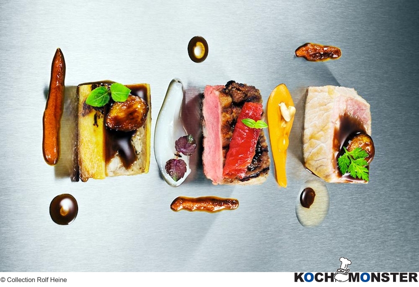 Dreierlei vom iberischen Schwein mit Zwiebelpüree und Schmortomaten
Foto (c) Collection Rolf Heine
(stark reduzierte Bildqualität)  Dreierlei vom iberischen Schwein mit Zwiebelpüree und Schmortomaten