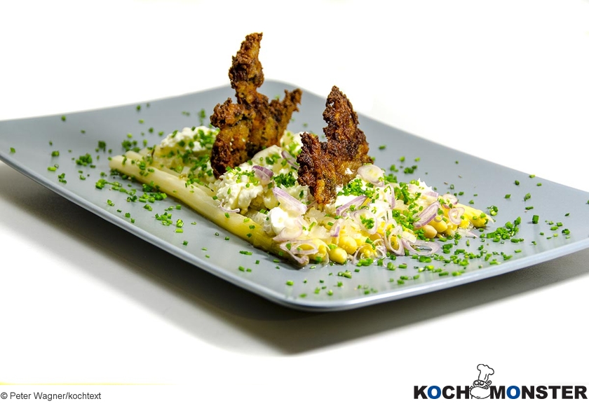 Warmer Spargelsalat mit Kartoffelstärke-Krusties und Schafs-Frischkäse
Foto (c) Peter Wagner/kochtext
(stark reduzierte Bildqualität) Warmer Spargelsalat mit Kartoffelstärke-Krusties und Schafs-Frischkäse