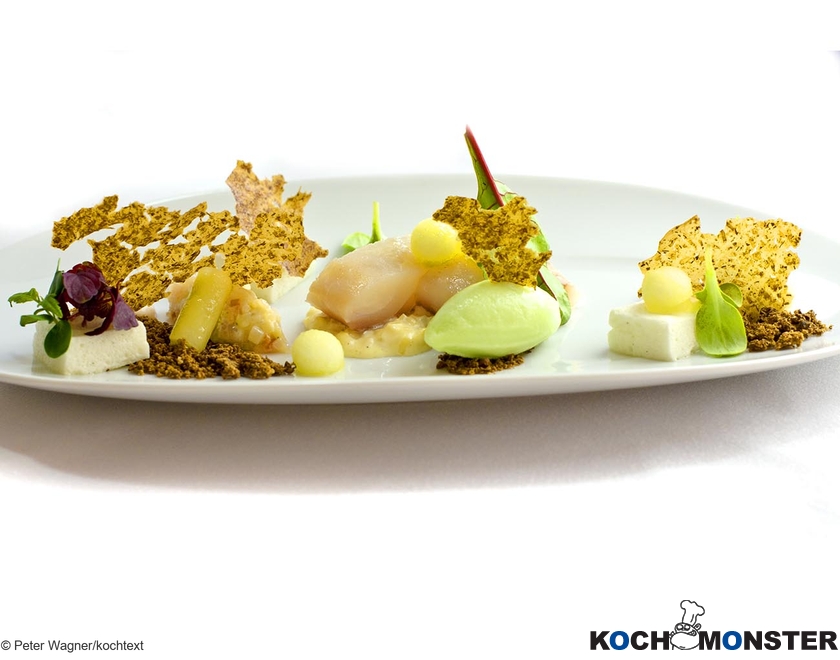 Dorade „Hausfrauen Art“ mit Birkenrauch, Joghurt, Gurke, Apfel und Pumpernickel
Foto (c) Peter Wagner/kochtext
(stark reduzierte Bildqualität) Dorade „Hausfrauen Art“ mit Birkenrauch, Joghurt, Gurke, Apfel und Pumpernickel