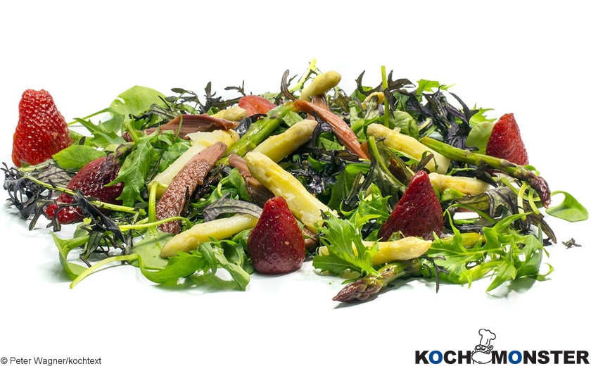 Rhabarber-Erdbeer-Spargelsalat
Foto (c) Peter Wagner/kochtext
(stark reduzierte Bildqualität) Rhabarber-Erdbeer-Spargelsalat