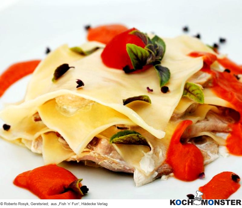 Lasagne vom Stör mit Tomatenbutter